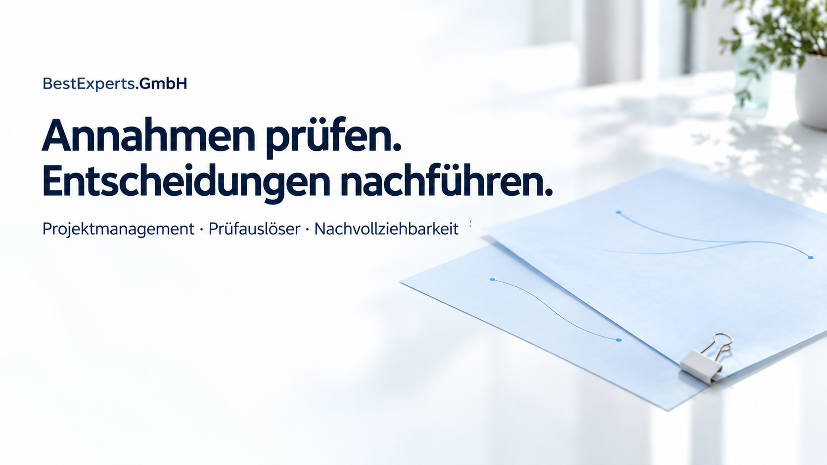 Annahmen prüfen. Entscheidungen nachführen. Helle Projektunterlagen mit dargestellten Abhängigkeiten.