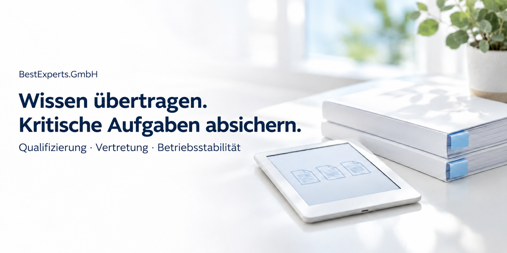 Wissen übertragen. Kritische Aufgaben absichern. Helle Wissensunterlagen und Tablet.